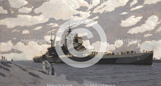 Battleship in Suez Canal [HMS Howe], between 1939 and 1946. Creators: Central Office of Information, Charles Pears.