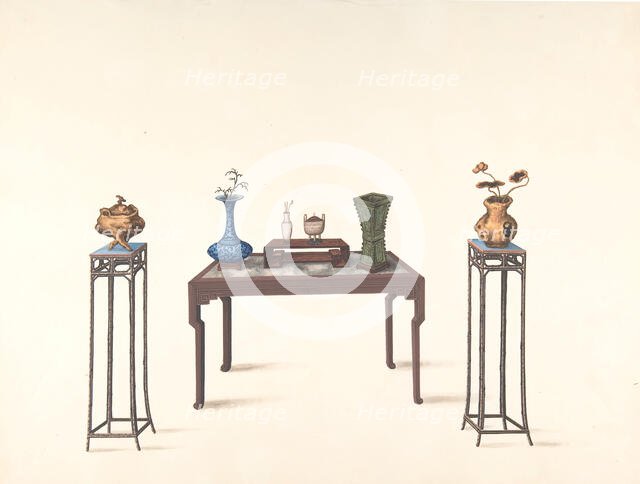 Large Table and Two Small Higher Ones with Vases, 19th century. Creator: Anon.