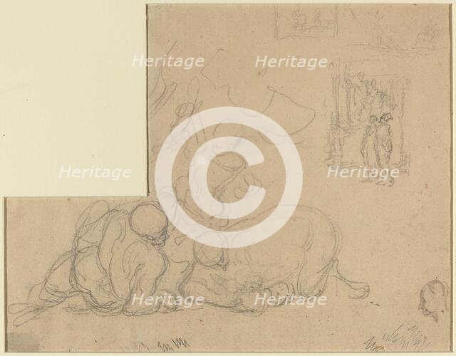 Sheet of Studies with Two Large Men on the Ground. Creator: Honore Daumier.