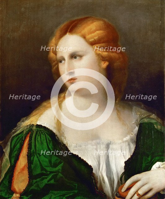 Young woman in a green dress, a box in her hand, ca 1514. Artist: Palma il Vecchio, Jacopo, the Elder (1480-1528)