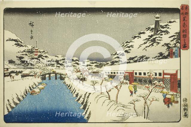 Snow at Akabane Bridge in Shiba (Shiba Akabane no yuki), from the series "Famous..., c. 1843/47. Creator: Ando Hiroshige.