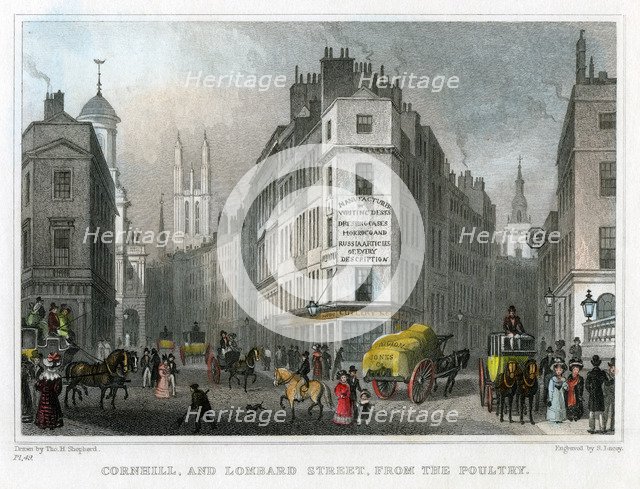 Cornhill and Lombard Street from Poultry, City of London, 1830.Artist: S Lacey