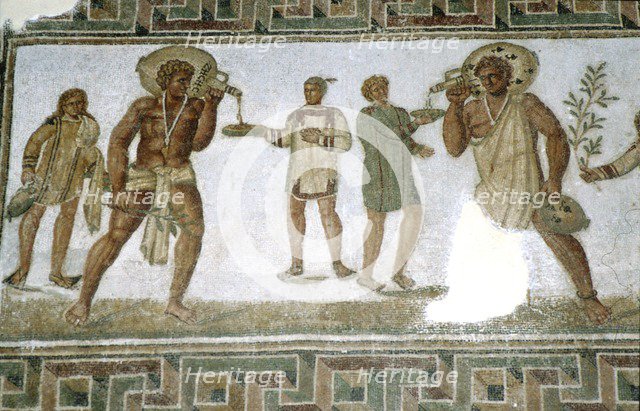 Roman floor mosaic, Servants bring wine to guests at a banquet, c3rd century.  Artist: Unknown.