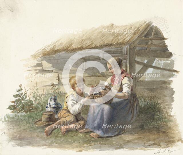 Girl and boy with a basket of chicks, 1878-1903. Creator: Maximilienne Guyon.