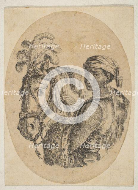 Black slave carries a leopard pelt and holds the bridle of a horse, from 'Several heads..., 1649-50. Creator: Stefano della Bella.
