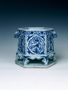 Hexagonal basin with cranes and bagua, Ming dynasty, Wanli period, China, 1572-1620. Artist: Unknown