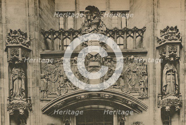 'Carving in Stone Beneath the Middlesex Coat of Arms at the Guildhall, Westminster', c1935. Creator: Joel.