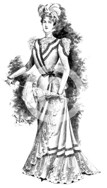 Ladies' Page: a charming gown of ivory batiste, 1898. Creator: Picador.