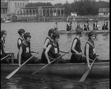 Young Female Civilians Wearing a Team Sport Outfit in a Rowing Race, an Audience Is Seen on..., 1920 Creator: British Pathe Ltd.