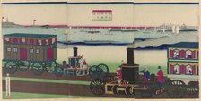 Picture of Steam Locomotives Traveling (Jokisha rikudo tsuko no zu), 1870. Creator: Utagawa Yoshitora.