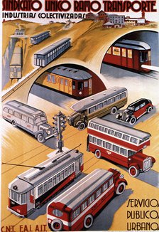 Poster advertising the urban public services, published by CNT and FAI during the years of the Se…