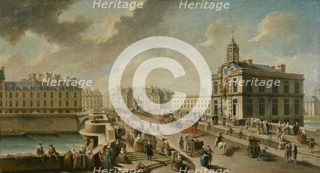 Le Pont-Neuf et la Pompe de la Samaritaine, vus du quai de la Mégisserie, 1777. Creator: Raguenet, Nicolas-Jean-Baptiste (1715-1793).