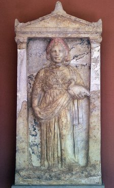 Greek stele of a girl holding a bird, 4th century BC. Artist: Unknown