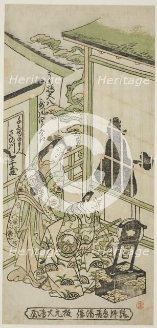 The Actors Utagawa Shirogoro as Ukishima Daihachi and Sanogawa Senzo as Senju no Mae, c. 1745. Creator: Torii Kiyonobu II.