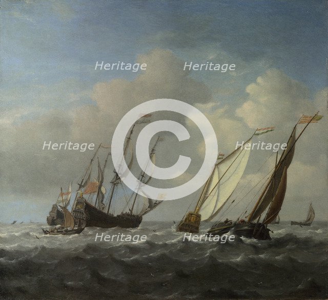 A Dutch Ship, a Yacht and Smaller Vessels in a Breeze, c. 1660. Artist: Velde, Willem van de, the Younger (1633-1707)