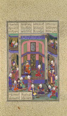 Manuchihr Welcomes Sam but Orders War upon Mihrab, Folio 80v from the Shahnama..., c.1525. Creator: 'Abd al-'Aziz.