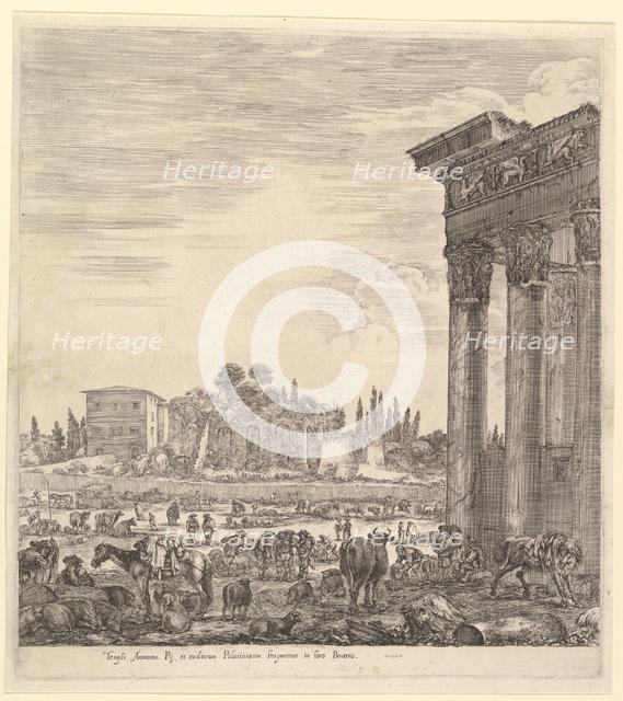 The columns of the Temple of Antoninus to right, a part of the Campo Vaccino in center and..., 1656. Creator: Stefano della Bella.