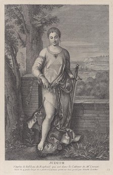 Judith standing with her foot on the head of Holofernes, ca. 1729. Creator: Antoinette Larcher.