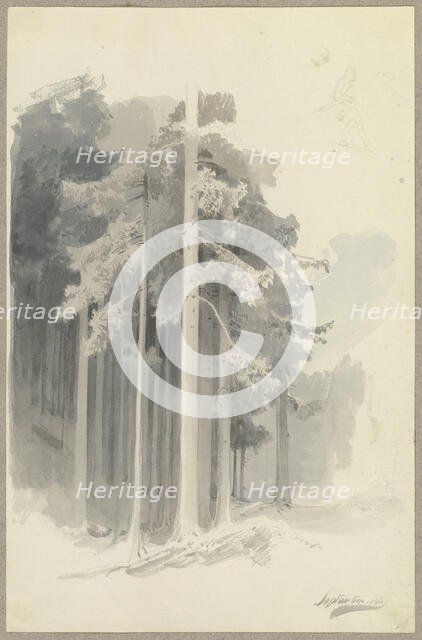 Poetic coniferous forest on a slope, sketch of a figure walking downhill (or leaning?)..., 1844. Creator: Carl Theodor Reiffenstein.