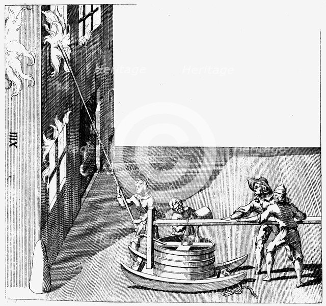 Fire engine, from Isaac de Caus' Nouvelle Invention de Lever l'Eau Plus Hault, 1664. Artist: Isaac de Caus