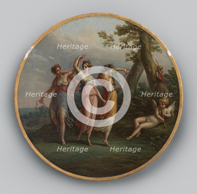 Three dancing nymphs and a reclining cupid in a landscape, ca. 1772. Creator: Antonio Zucchi.