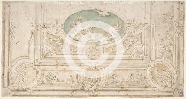 Design for a Ceiling with Apollo on his Wagon in the Central Compartment, 18th century. Creator: Anon.