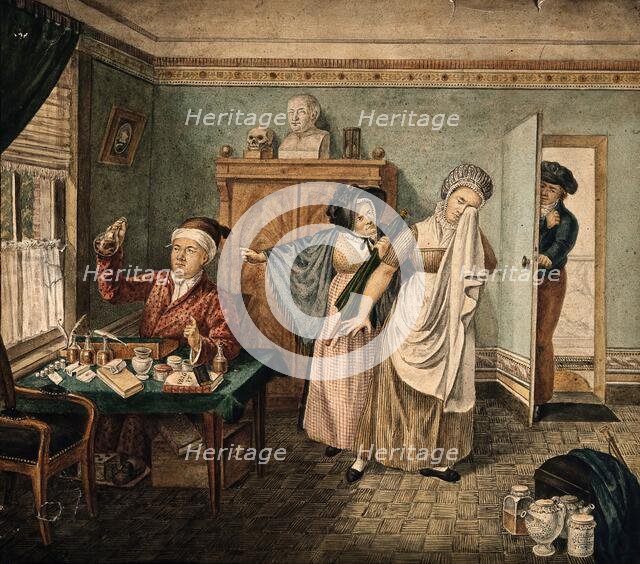 A physician examining a urine specimen in which a faint figure of a baby is visible, a..., 1826. Creator: Unknown.