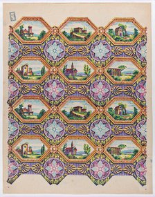 Sheet with pattern of brightly colored landscapes in hexagonal frame..., late 18th-mid-19th century. Creator: Anon.
