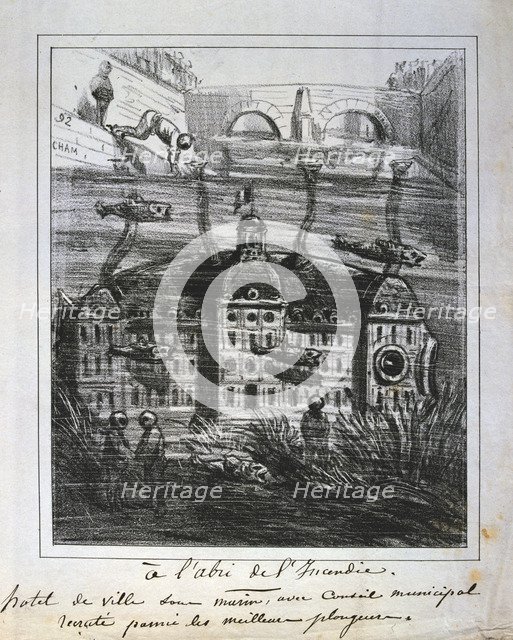 Cartoon proposal to rebuild the Hotel de Ville under water to prevent fire, Paris Commune, 1871.  Artist: Anon