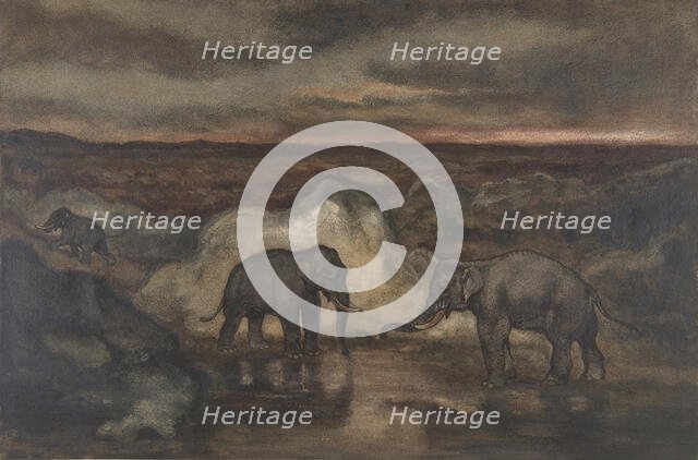 Elephants by a Pool, 1810-75. Creator: Antoine-Louis Barye.