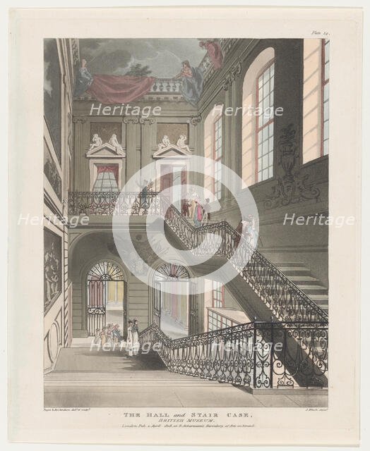 The Hall and Stair Case, British Museum, April 1, 1808., April 1, 1808. Creator: J. Bluck.