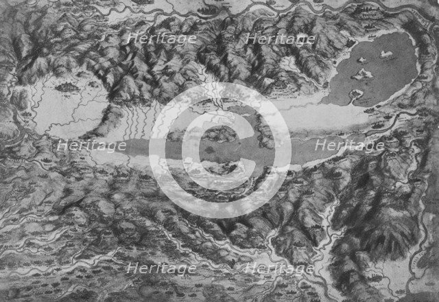 'Bird's-Eye View Showing Arezzo, Borgho San Sepolco, Perugia, Chiusi and Siena', c1480 (1945). Artist: Leonardo da Vinci.