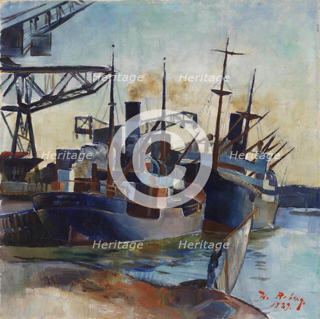 Coal ships in a harbour, 1929. Creator: William Rosenberg.