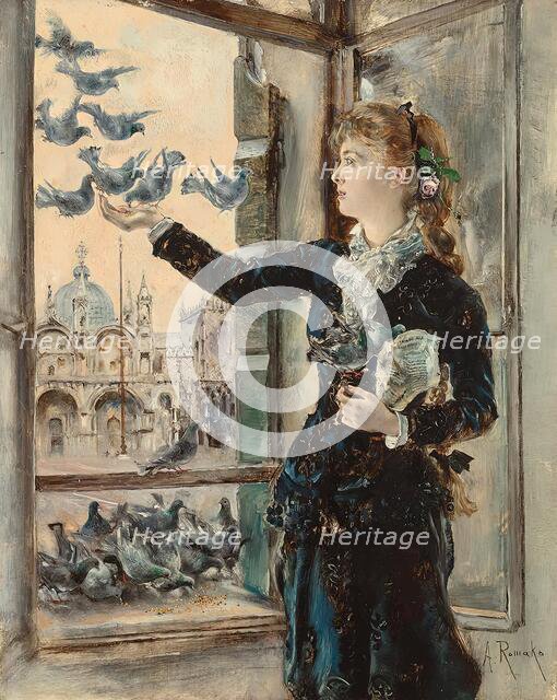 Girl at a window facing St. Mark's Square, feeding pigeons, c1875. Creator: Anton Romako.