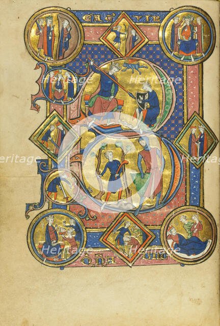 Initial B: David Playing the Harp and David and Goliath; Wenceslaus Psalter, about 1250-1260. Creator: Unknown.