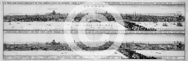 An engraving of London before and after the Great Fire of 1666, (17th century). Artist: Unknown