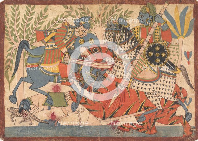 "Harishchandra and his Minister Killing a Tiger" folio from a Harishchandra Series, 1800-1850. Creator: Unknown.