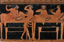 An episode on a Greek red-figured wine-mixing bowl (bell-krater): four reclining..., 1760-9. Creator: Augustin Dahlsteen.