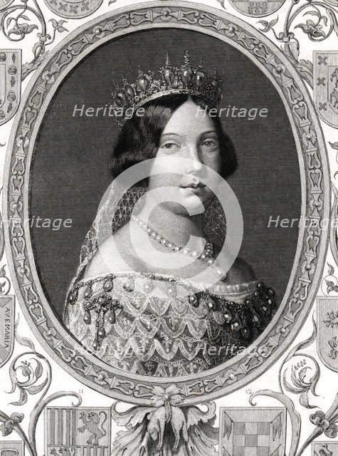 Isabella II (1830-1904), Queen of Spain, surrounded by the arms of the first nobility.