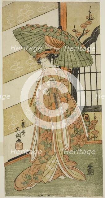 The Actor Onoe Tamizo I as Nishikigi in the Play Mutsu no Hana Ume no Kaomise..., c. 1769. Creator: Ippitsusai Buncho.