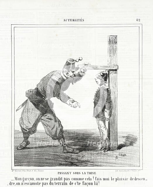 Passant sous la toise: Mon garçon, on ne se grandit pas comme cela! Fais moi le plaisir...,1864. Creator: Cham.