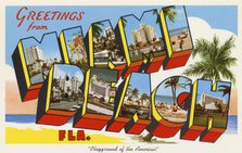 'Greetings from Miami Beach, Playground of the Americas', postcard, 1959. Artist: Unknown