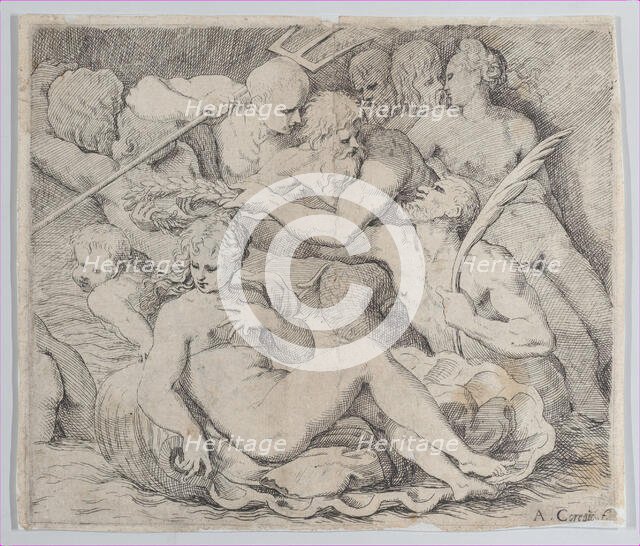 Venus, recumbent on a shell, surrounded by sea gods, 1520-1600. Creator: Anon.
