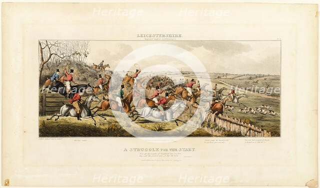 A Struggle for the Start, plate one from The Leicestershire Hunt, published 1825. Creator: John Dean Paul.