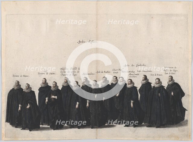 Plate 19: Aides marching in the funeral procession of Archduke Albert of Austria; from 'Po..., 1623. Creator: Cornelis Galle I.