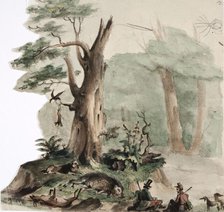 Two hunters with their dogs next to the shot game in a cool landscape, 1850-1855. Creator: Karl Anders Ekman.