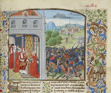 The crowning of Pope Gregory XI and the Battle of Pontvallain, 1370, ca 1470-1475. Creator: Liédet, Loyset (1420-1479).