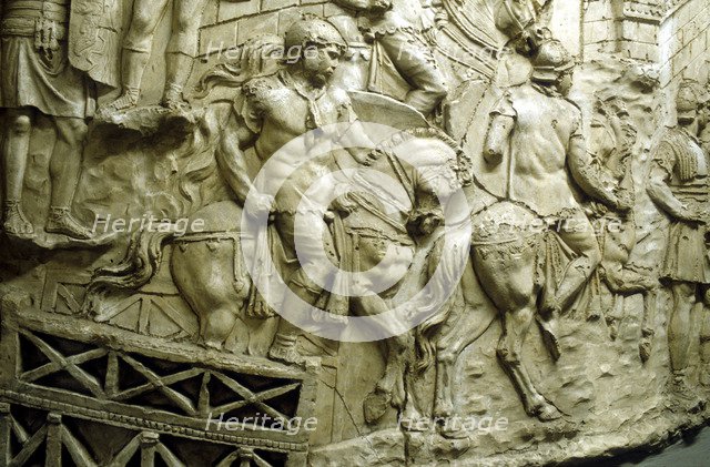 Roman cavalry crossing a wooden bridge, from Trajan's column, Rome, 106-113. Artist: Unknown