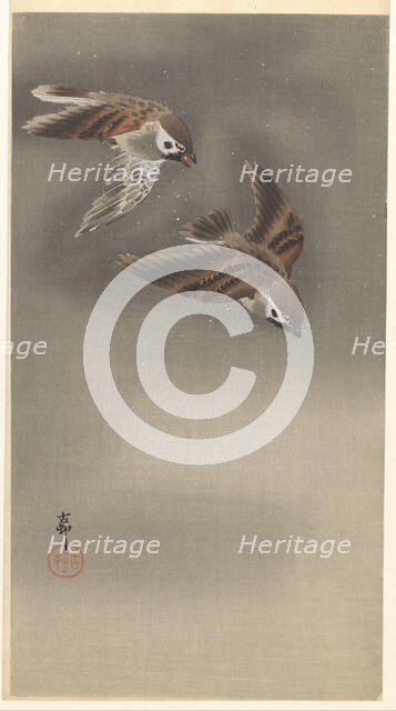 Sparrows in snow. Creator: Ohara, Koson (1877-1945).