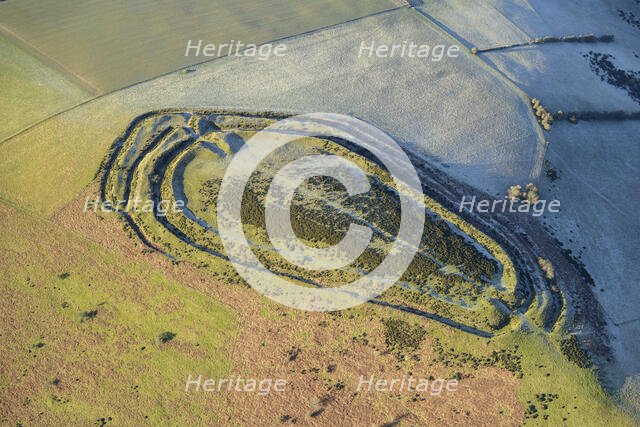 Caer Caradoc, an Iron Age multivallate hillfort earthwork, Chapel Lawn, Shropshire, 2024. Creator: Damian Grady.